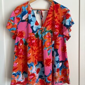 Entro Colorful Floral V-Neck Blouse
